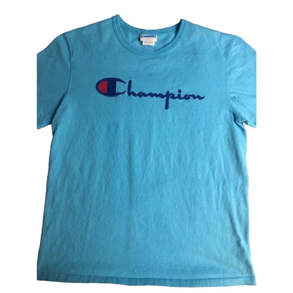 Champion Embroidered Logo Blue TShirt Medium Classic Casual Retro